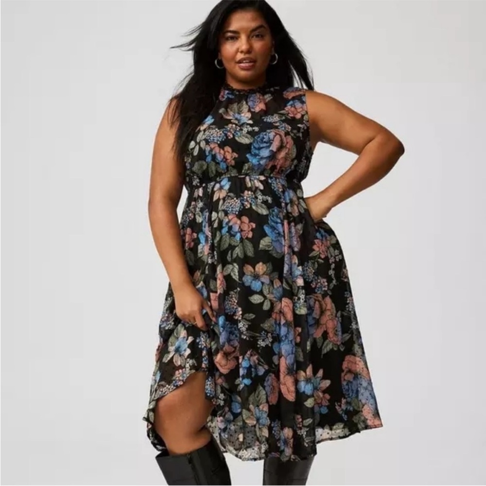 torrid Black Floral Midi Dress with Blue and Pink Blooms